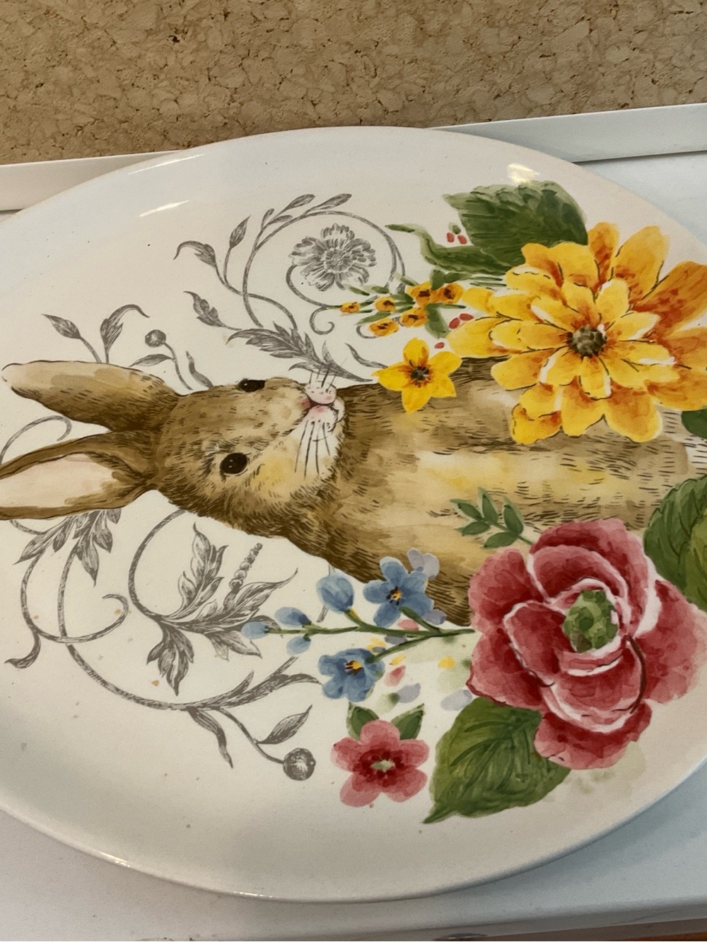 Floral Bunny Ceramic Serving Plate - White with Multicolor Floral Design